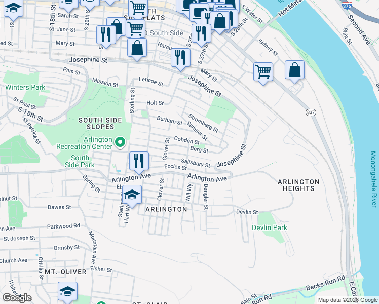 map of restaurants, bars, coffee shops, grocery stores, and more near 2733 Patterson Street in Pittsburgh
