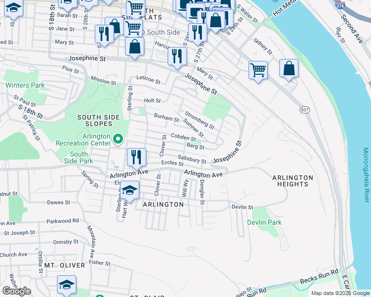 map of restaurants, bars, coffee shops, grocery stores, and more near 2733 Patterson Street in Pittsburgh