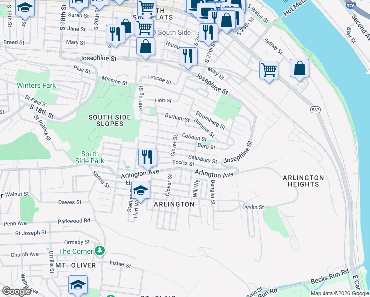 map of restaurants, bars, coffee shops, grocery stores, and more near 2733 Patterson Street in Pittsburgh