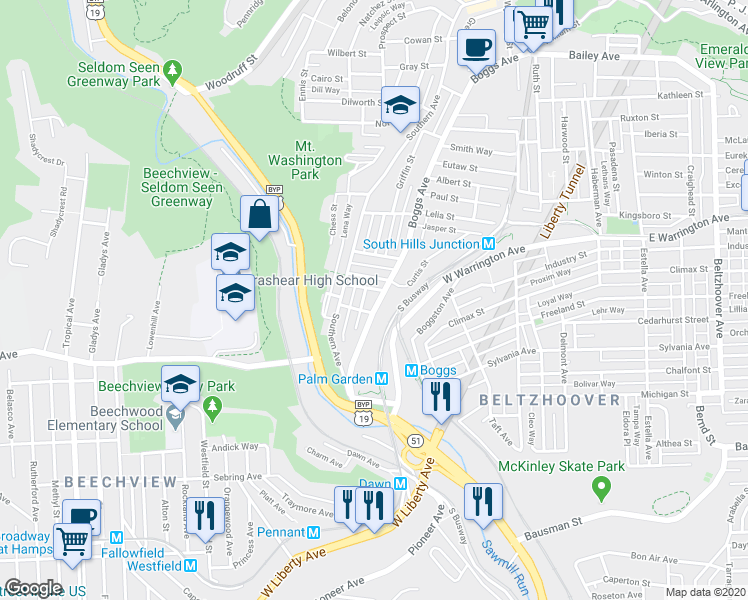 map of restaurants, bars, coffee shops, grocery stores, and more near 723 Boggs Avenue in Pittsburgh