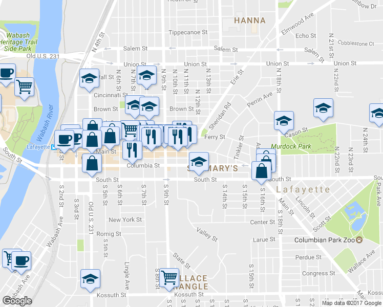 map of restaurants, bars, coffee shops, grocery stores, and more near 1109 Main Street in Lafayette