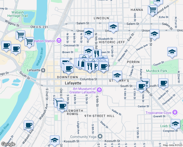 map of restaurants, bars, coffee shops, grocery stores, and more near 123 North 8th Street in Lafayette