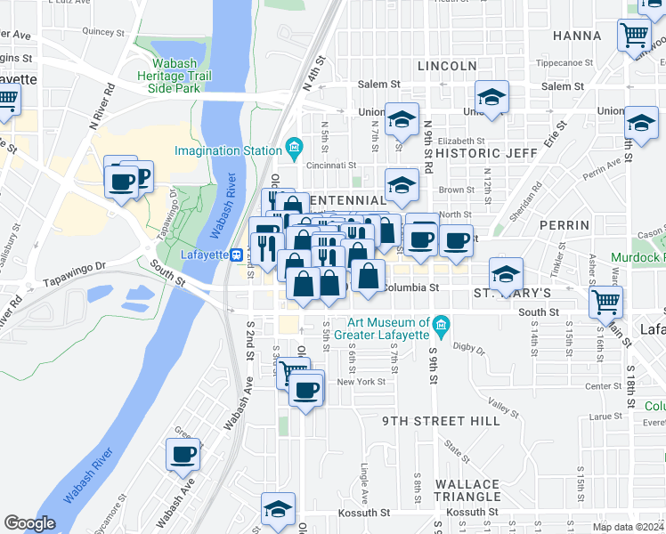 map of restaurants, bars, coffee shops, grocery stores, and more near in Lafayette