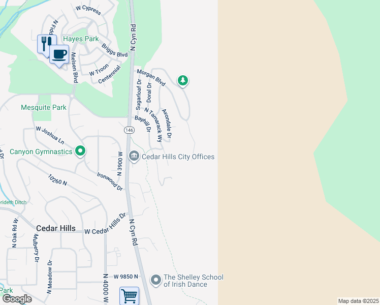 map of restaurants, bars, coffee shops, grocery stores, and more near 10303 Morgan Boulevard in Cedar Hills