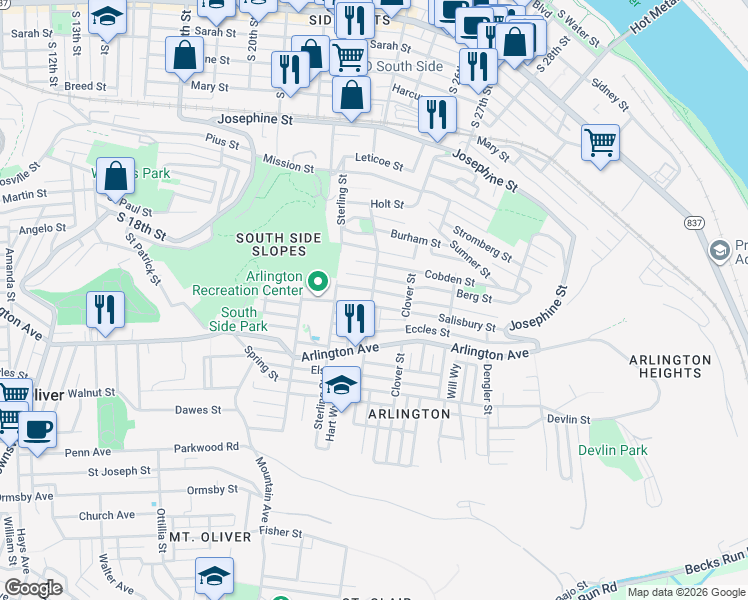 map of restaurants, bars, coffee shops, grocery stores, and more near 2401 Salisbury Street in Pittsburgh