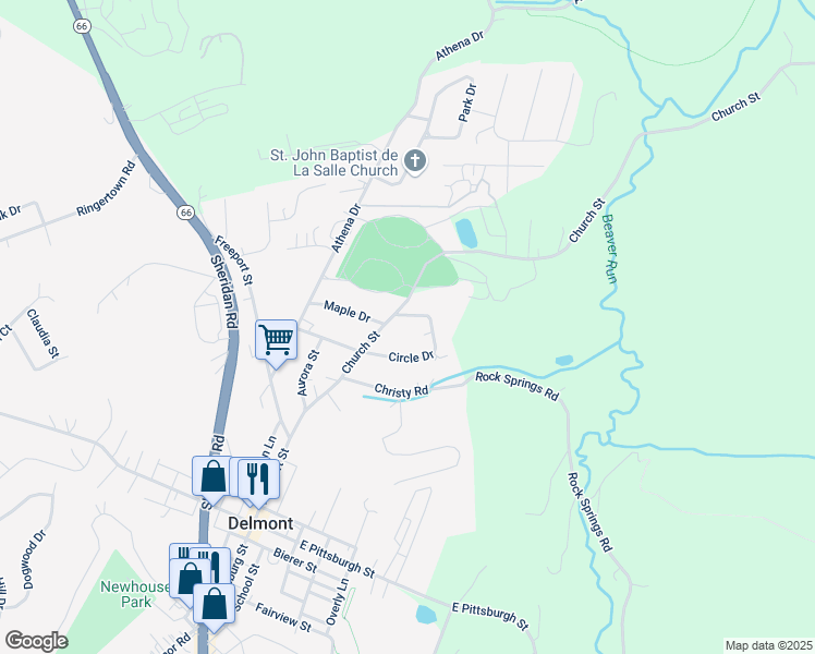 map of restaurants, bars, coffee shops, grocery stores, and more near 348 Circle Drive in Delmont
