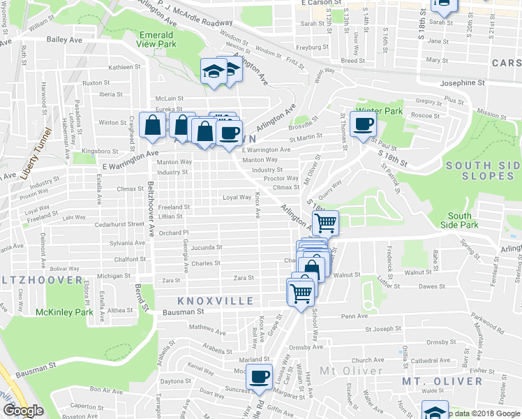 map of restaurants, bars, coffee shops, grocery stores, and more near 405 Knox Avenue in Pittsburgh