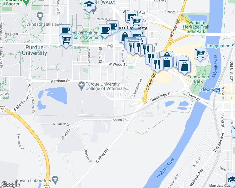 map of restaurants, bars, coffee shops, grocery stores, and more near 340 South Grant Street in West Lafayette