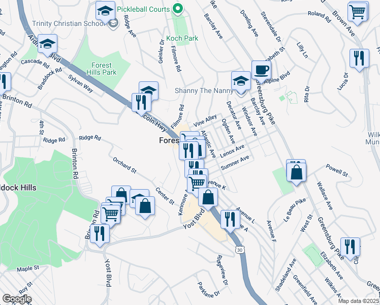 map of restaurants, bars, coffee shops, grocery stores, and more near 2131 U.S. 30 in Pittsburgh