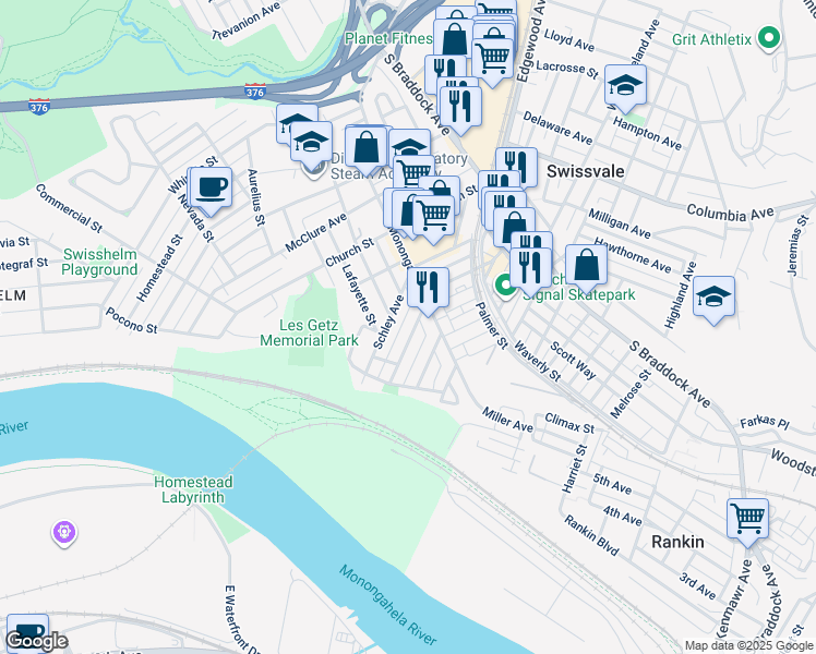 map of restaurants, bars, coffee shops, grocery stores, and more near 7347 Denniston Avenue in Pittsburgh