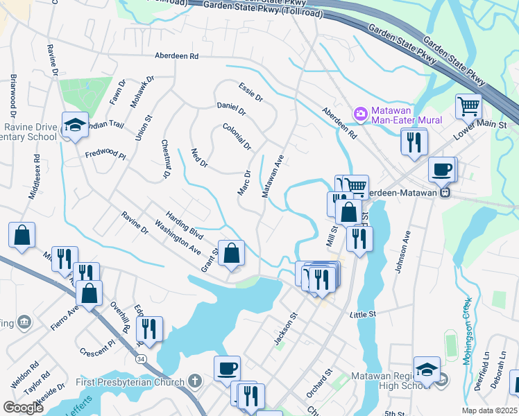 map of restaurants, bars, coffee shops, grocery stores, and more near 250 Matawan Avenue in Matawan