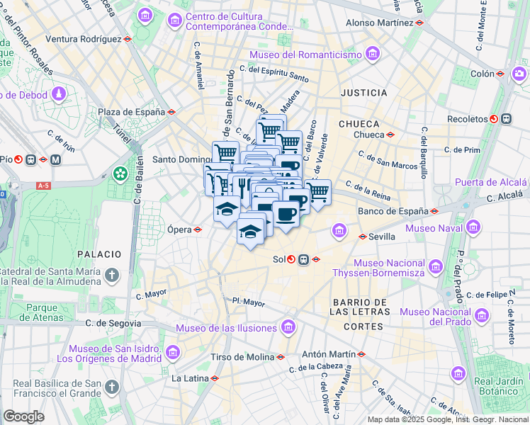 map of restaurants, bars, coffee shops, grocery stores, and more near 28 Calle de Preciados in Madrid