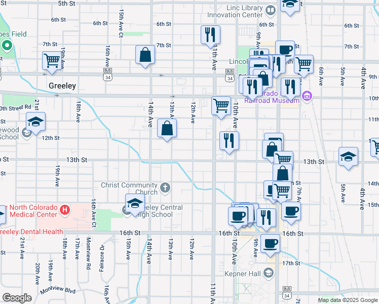 map of restaurants, bars, coffee shops, grocery stores, and more near 1221 12th Avenue in Greeley