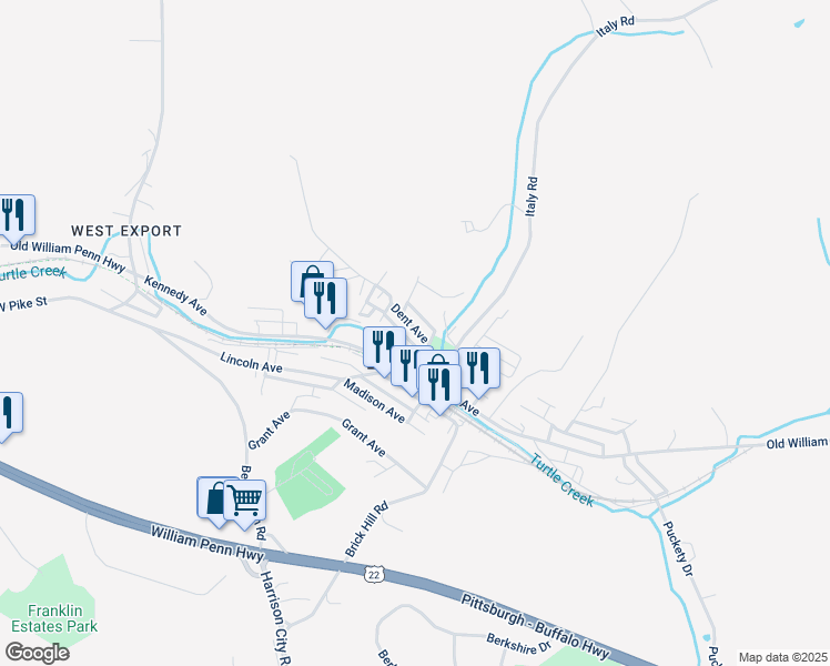 map of restaurants, bars, coffee shops, grocery stores, and more near 5866 Roosevelt Avenue in Export