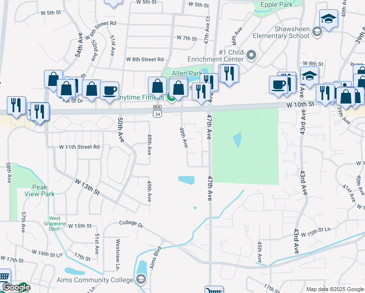 map of restaurants, bars, coffee shops, grocery stores, and more near 1107 48th Avenue in Greeley