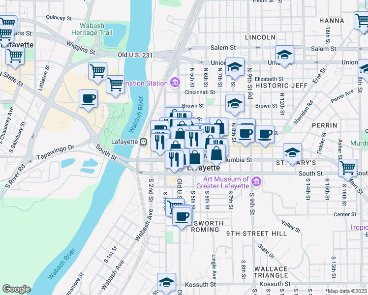 map of restaurants, bars, coffee shops, grocery stores, and more near None in Lafayette
