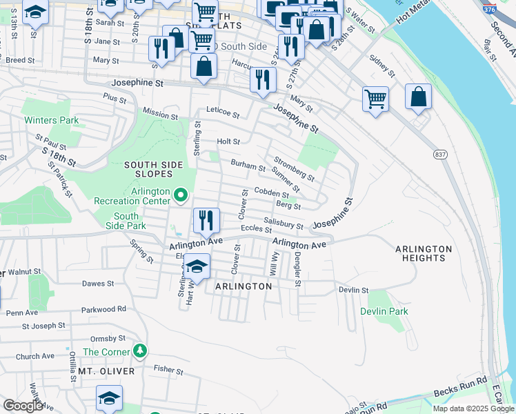 map of restaurants, bars, coffee shops, grocery stores, and more near 2733 Patterson Street in Pittsburgh