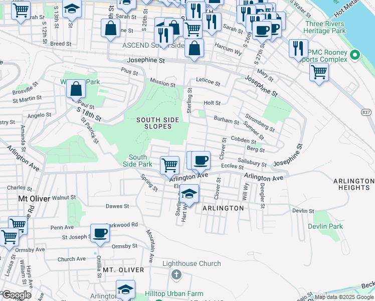 map of restaurants, bars, coffee shops, grocery stores, and more near 2303 Salisbury Street in Pittsburgh