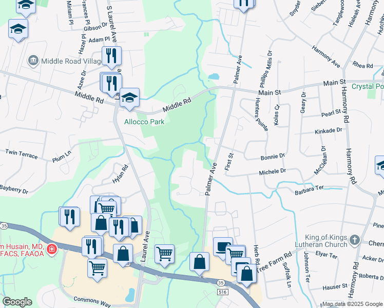 map of restaurants, bars, coffee shops, grocery stores, and more near 163 Yarmouth Court in Holmdel