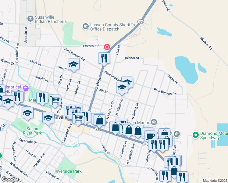 map of restaurants, bars, coffee shops, grocery stores, and more near 1809 4th Street in Susanville