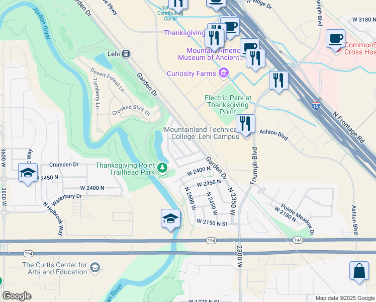 map of restaurants, bars, coffee shops, grocery stores, and more near 2525 North Elm Drive in Lehi