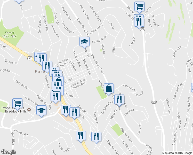 map of restaurants, bars, coffee shops, grocery stores, and more near 625 Barclay Avenue in Pittsburgh