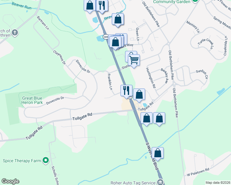 map of restaurants, bars, coffee shops, grocery stores, and more near 47 Morris Road in Quakertown