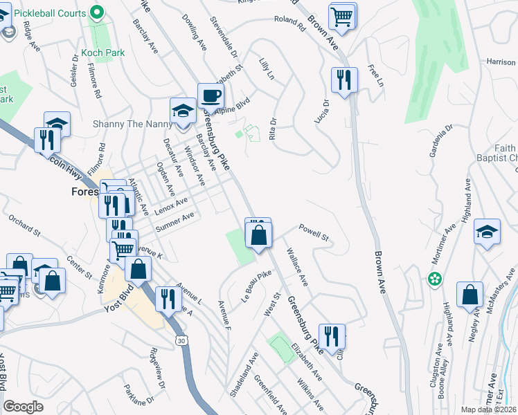 map of restaurants, bars, coffee shops, grocery stores, and more near 4293 Greensburg Pike in East Pittsburgh