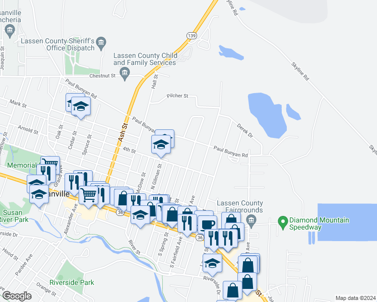 map of restaurants, bars, coffee shops, grocery stores, and more near 450 North Spring Street in Susanville