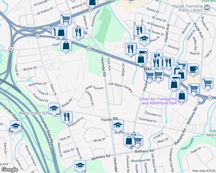 map of restaurants, bars, coffee shops, grocery stores, and more near 589 Holmdel Road in Hazlet