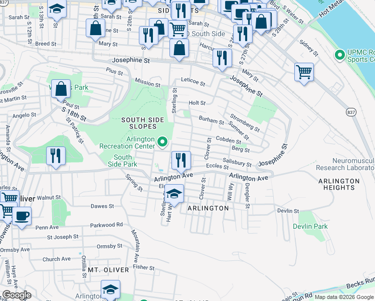 map of restaurants, bars, coffee shops, grocery stores, and more near 2401 Salisbury Street in Pittsburgh
