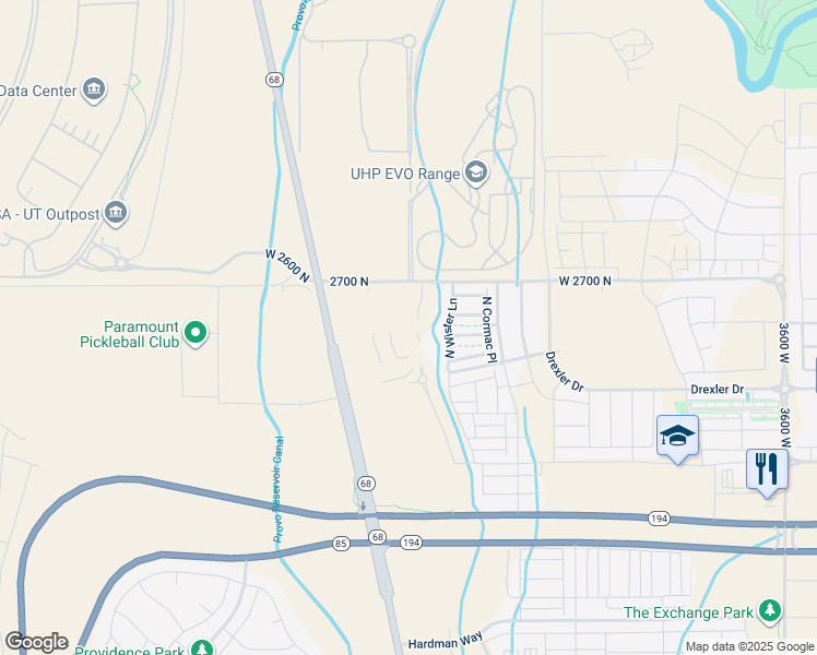 map of restaurants, bars, coffee shops, grocery stores, and more near 2597 North Ferguson Drive in Lehi