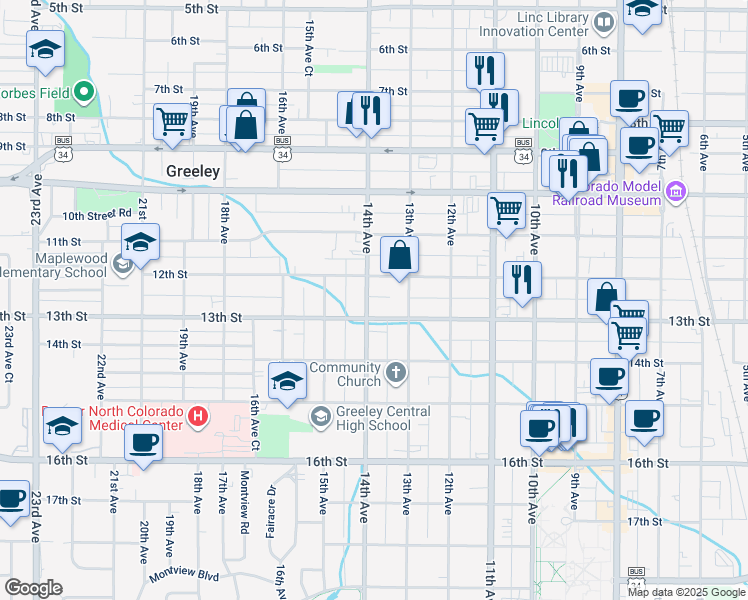map of restaurants, bars, coffee shops, grocery stores, and more near 1218 14th Avenue in Greeley