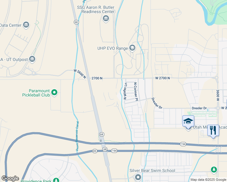 map of restaurants, bars, coffee shops, grocery stores, and more near 2597 North Ferguson Drive in Lehi