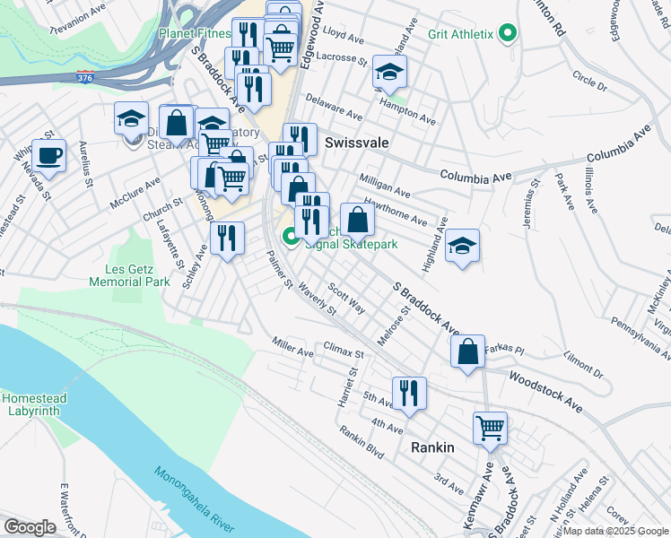 map of restaurants, bars, coffee shops, grocery stores, and more near 2227 Woodstock Avenue in Pittsburgh