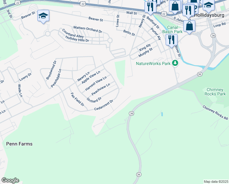 map of restaurants, bars, coffee shops, grocery stores, and more near 623 Orchard Drive in Duncansville