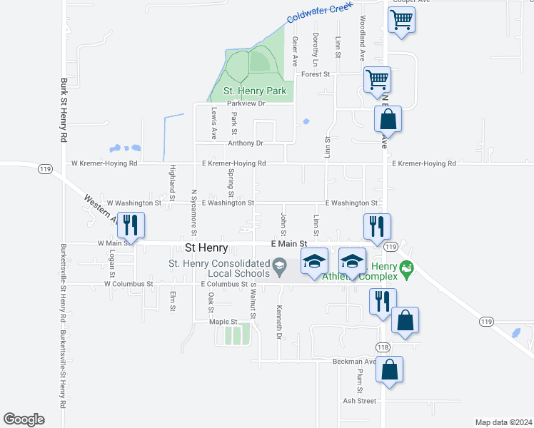 map of restaurants, bars, coffee shops, grocery stores, and more near 322 East Washington Street in Saint Henry