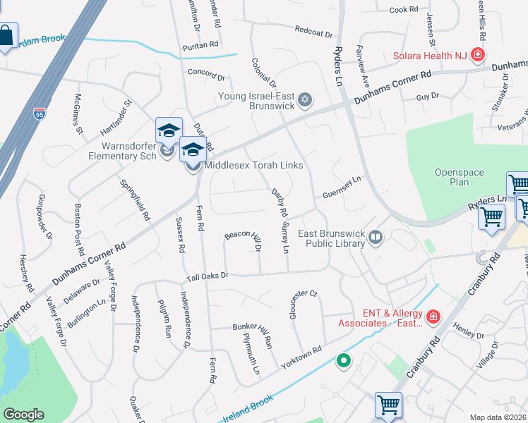 map of restaurants, bars, coffee shops, grocery stores, and more near 24 Van Hise Court in East Brunswick