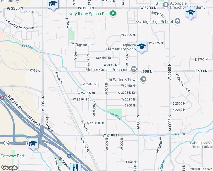 map of restaurants, bars, coffee shops, grocery stores, and more near 598 West 2450 North Street in Lehi