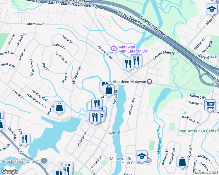 map of restaurants, bars, coffee shops, grocery stores, and more near 55 Main Street in Matawan