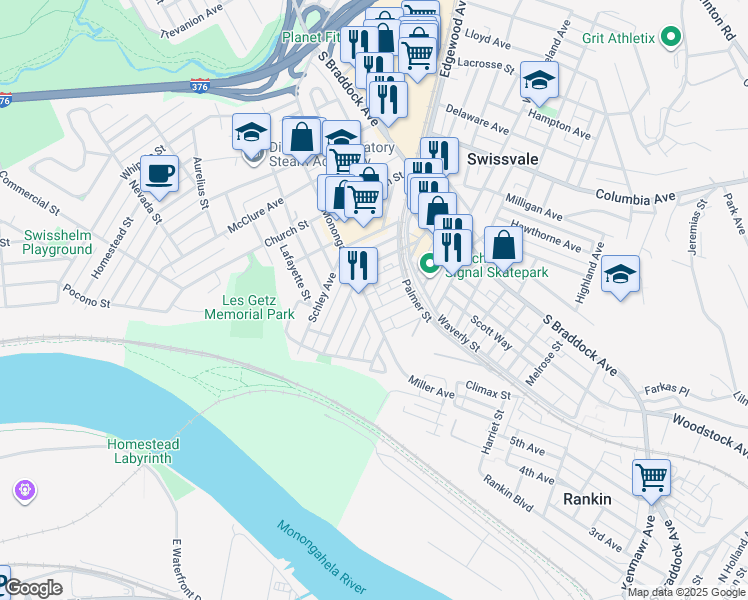 map of restaurants, bars, coffee shops, grocery stores, and more near 2051 Monongahela Avenue in Pittsburgh