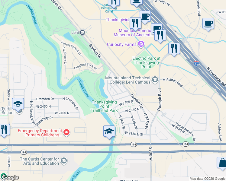 map of restaurants, bars, coffee shops, grocery stores, and more near 2539 North Cypress Way in Lehi