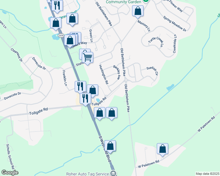 map of restaurants, bars, coffee shops, grocery stores, and more near 1004 Huntington Road in Quakertown