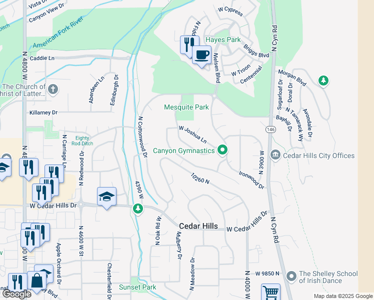 map of restaurants, bars, coffee shops, grocery stores, and more near 4225 West Mesquite Way in Cedar Hills