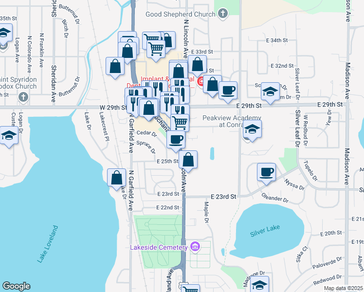 map of restaurants, bars, coffee shops, grocery stores, and more near North Lincoln Avenue in Loveland