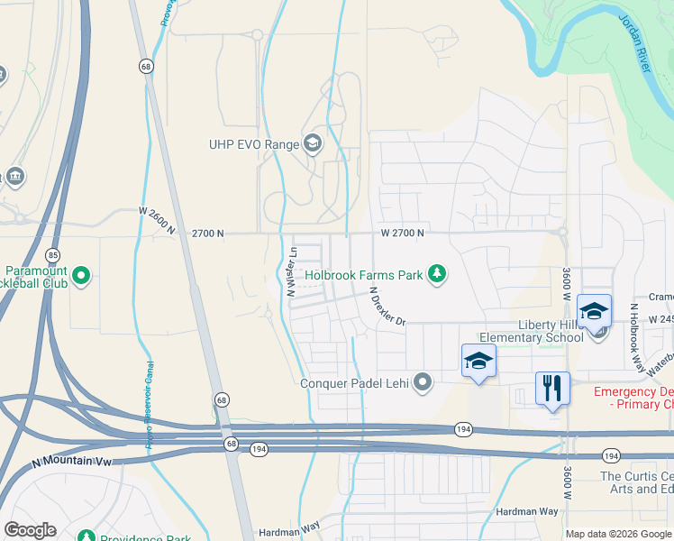 map of restaurants, bars, coffee shops, grocery stores, and more near 2574 North Heston Park in Lehi
