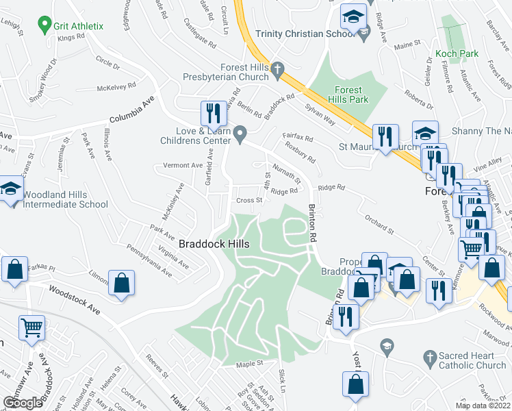 map of restaurants, bars, coffee shops, grocery stores, and more near 1 Sunnyside Drive in Pittsburgh