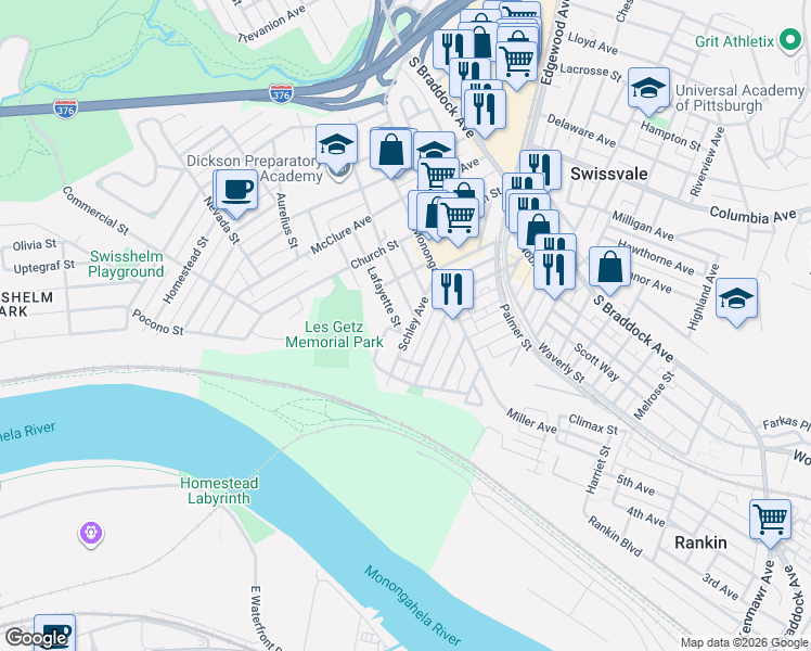 map of restaurants, bars, coffee shops, grocery stores, and more near 7336 Woodlawn Avenue in Swissvale