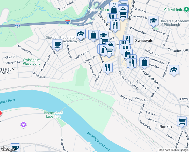 map of restaurants, bars, coffee shops, grocery stores, and more near 7336 Woodlawn Avenue in Swissvale