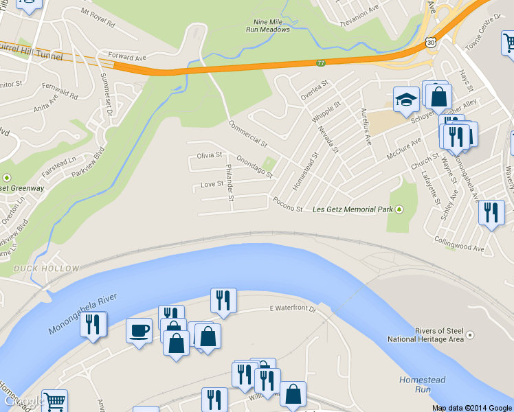 map of restaurants, bars, coffee shops, grocery stores, and more near 1249 Goodman Street in Pittsburgh